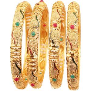 Golden Bangle Collection Indian Carved Conch Shell Faux Ruby Gold Tone Bracelets